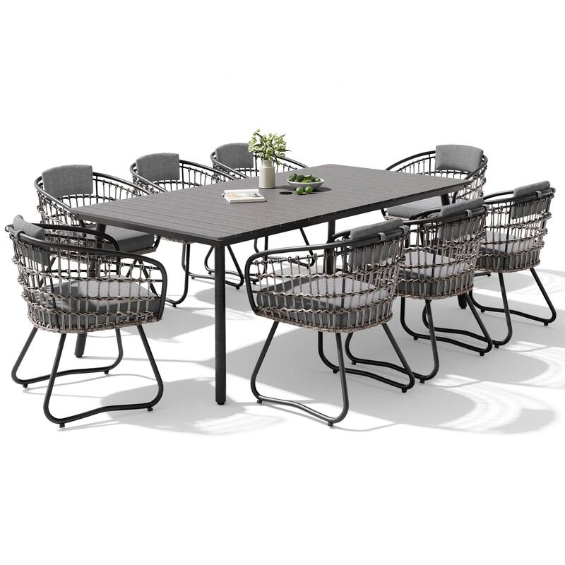 9PC Outdoor Patio Dining Set Aluminum Umbrella Hole Table with Rattan Chairs