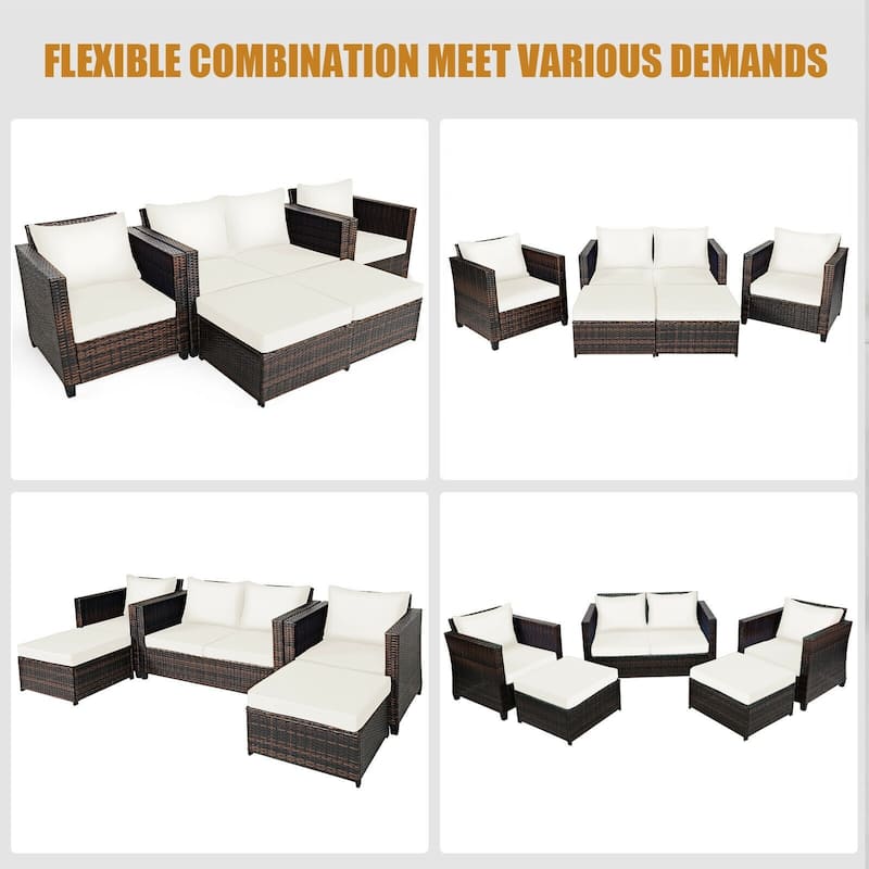 5 Pieces Patio Cushioned Rattan Furniture Set - 50" x 30.5" x 29" (L x W x H)