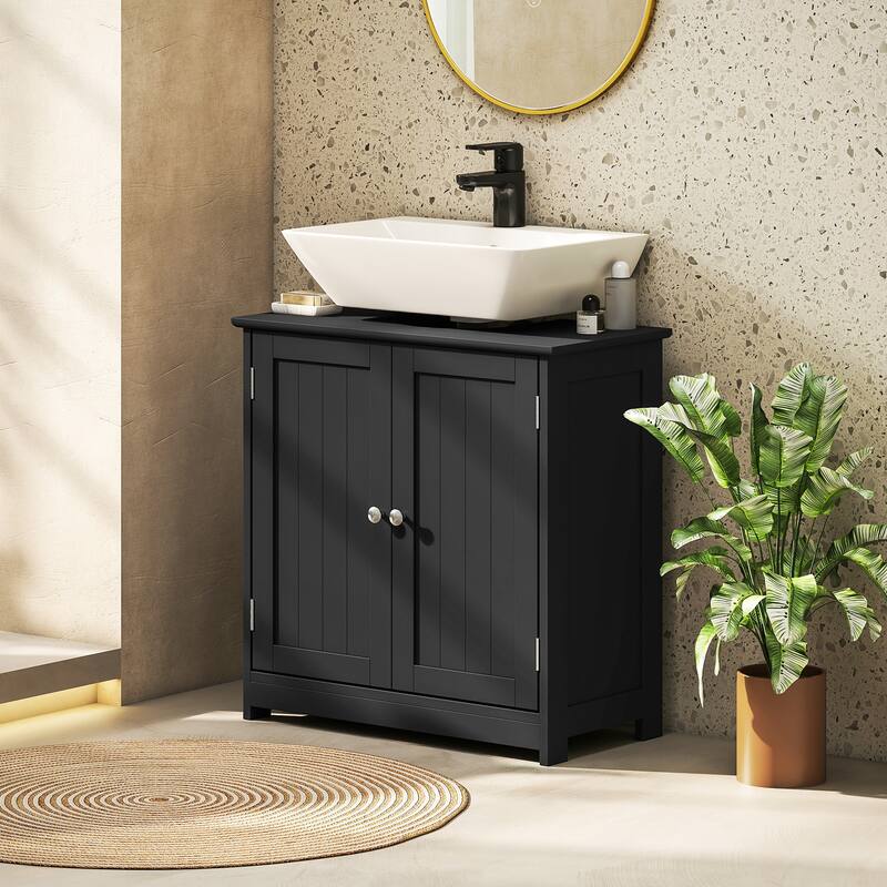 kleankin 23.5" Pedestal Sink Storage Cabinet, Freestanding Bathroom Under Sink Cabinet with U-Shape Cut-Out, Black
