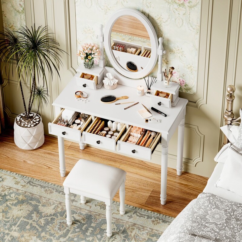 Vintage Vanity Desk with Adjustable Angle Mirror, Makeup Desk with
