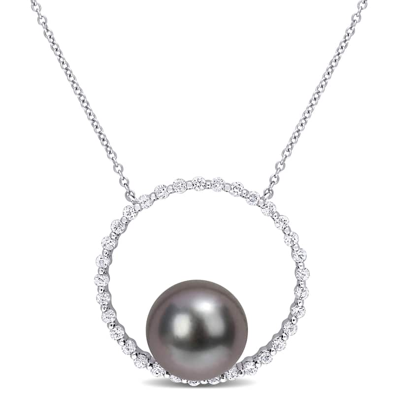 Miadora Tahitian Cultured Pearl & White Sapphire Circle of Life Necklace in 10k White Gold (9.5-10mm)