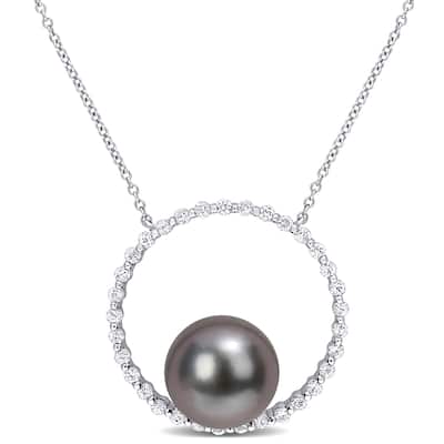Miadora Tahitian Cultured Pearl & White Sapphire Circle of Life Necklace in 10k White Gold (9.5-10mm)
