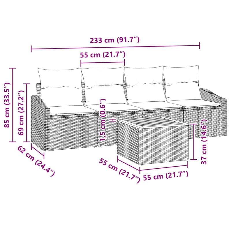 vidaXL 5 Garden Sofa Set with Cushions Black/Grey Poly Rattan - 91.7 x 24.4 x 27.2