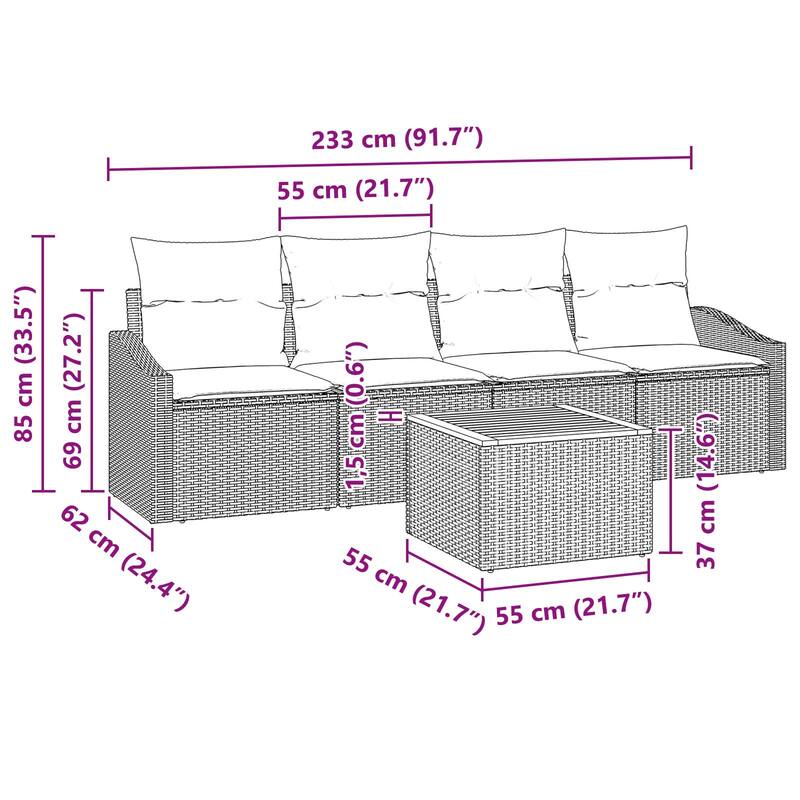 vidaXL 5 Piece Garden Sofa Set with Cushions Black Poly Rattan Acacia - 91.7×24.4×27.2