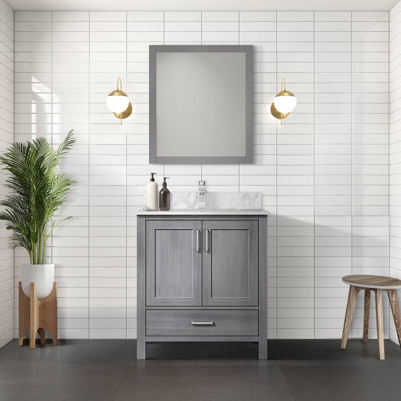 Jacques 30 in White Bath Vanity, Carrara Marble Top, Faucet, & Mirror