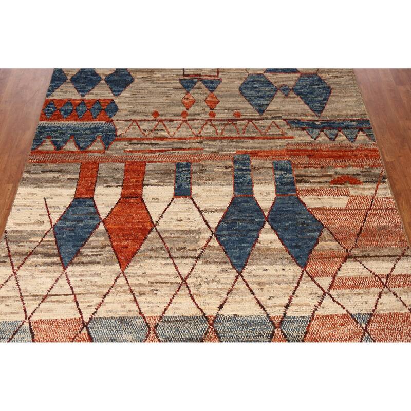 Geometric Moroccan Oriental Rug Handmade Brown Wool Carpet - 7'3" x 9'7"