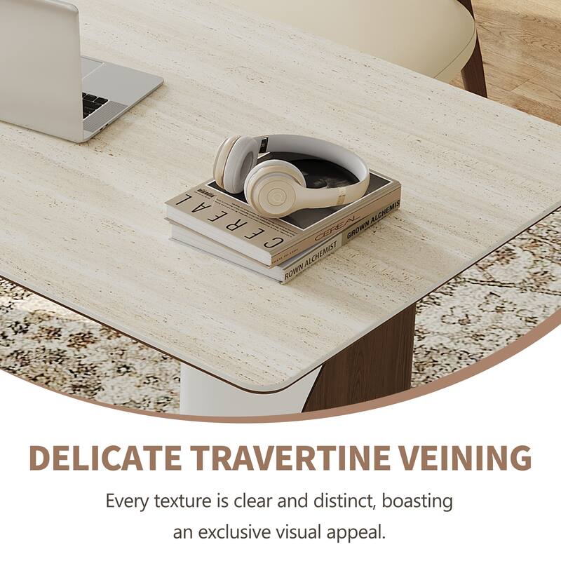 63" Modern Rectangular Writing Desk, Beige Sintered Stone Top, Meeting Desk With Solid Wood Legs