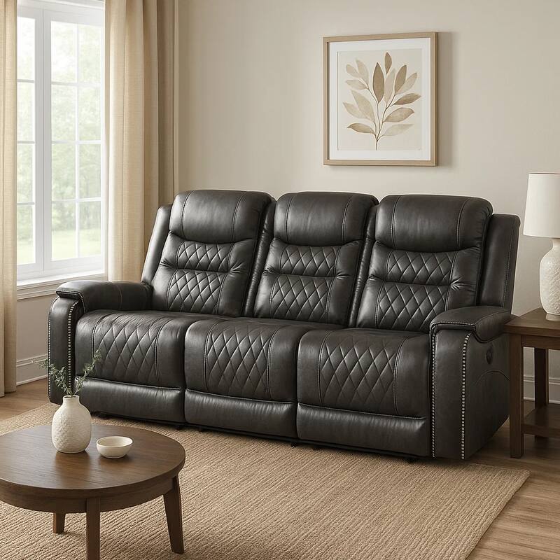 Paul 87 Inch Power Recliner Sofa, Drop Table Cupholders Gray Faux Leather