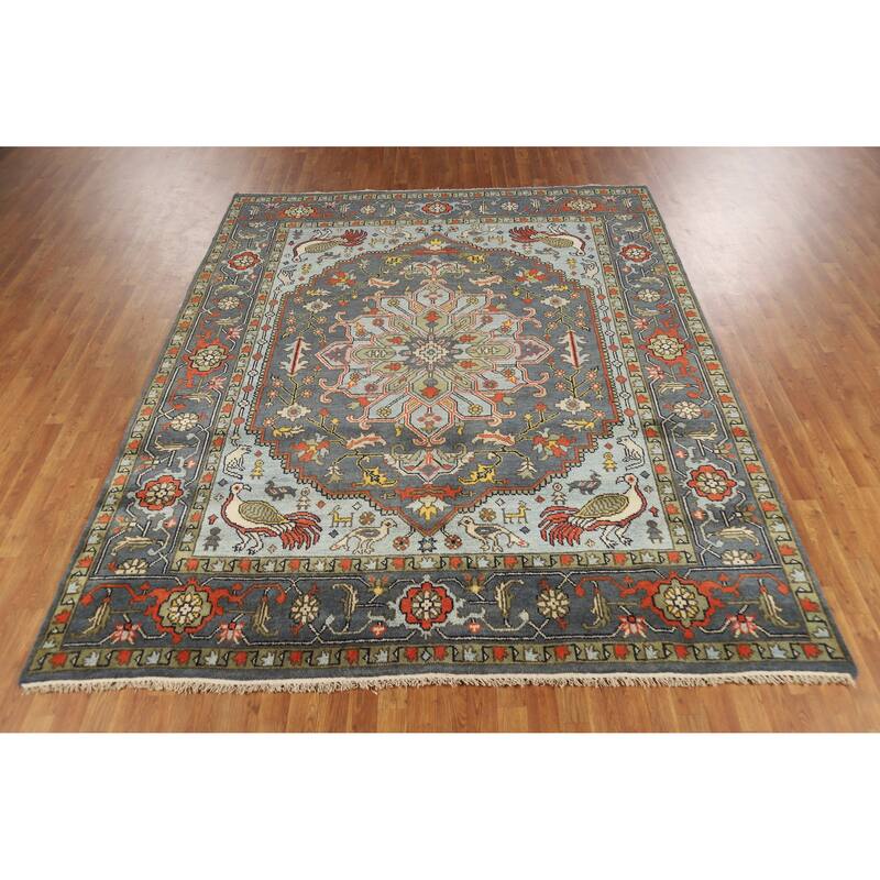 Slate Medallion Heriz Serapi Indian Area Rug Hand-Knotted Wool Carpet - 8'0" x 9'9"