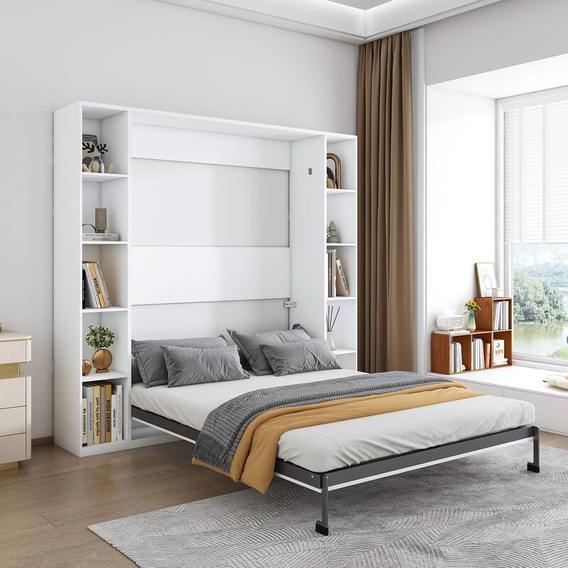 Queen Murphy Bed with Storage Cabinet, 89.7 Inch Foldable Wall Bed with Hardware Frame & Solid Wood Slats for Bedrooms