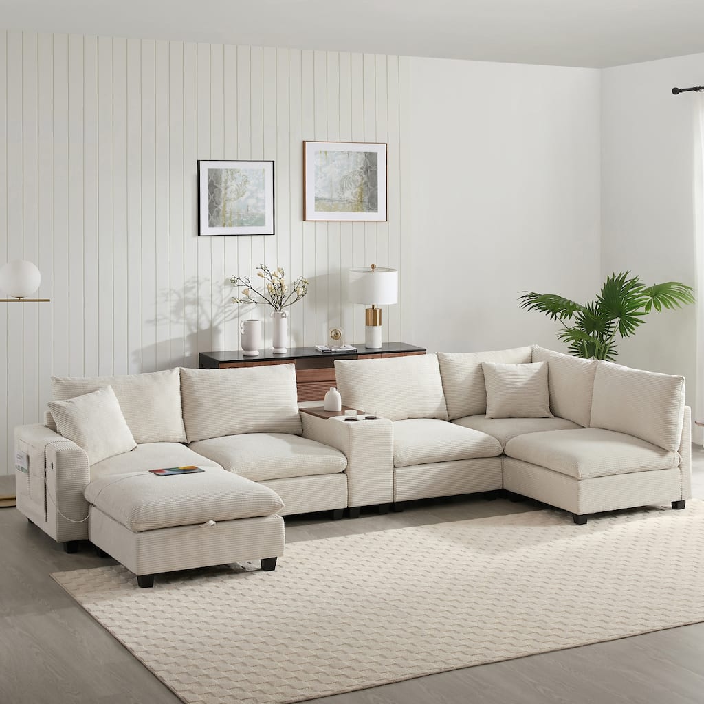 Roomfitters 139 Inch U-Shaped Modular Sectional Sofa with Storage Console, Cup Holders and USB Ports for Living Room