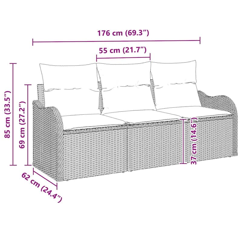 vidaXL 3 Garden Sofa Set with Cushions Black/Brown/Grey Poly Rattan - 69.3 x 24.4 x 27.2