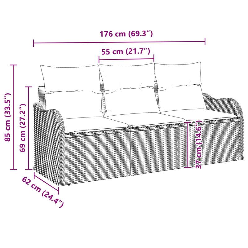 vidaXL 3 Garden Sofa Set with Cushions Black Poly Rattan - 69.3 x 24.4 x 27.2