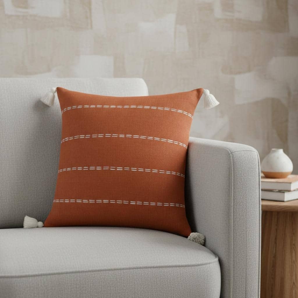 20" X 20" Rust Linen Striped Zippered Pillow