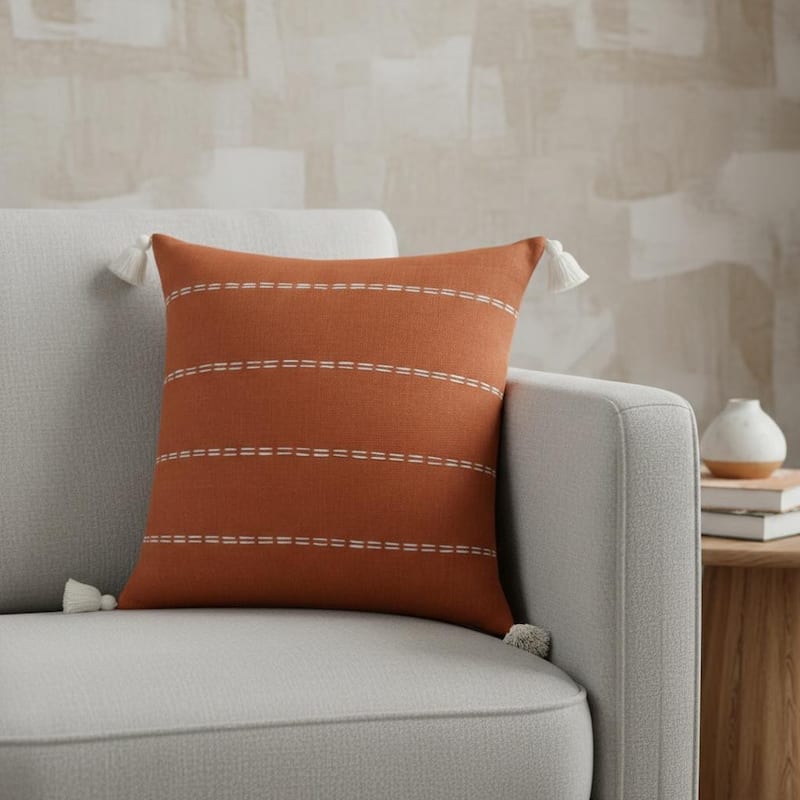 20" X 20" Rust Linen Striped Zippered Pillow - Polyester - Single - 20.00 in. x 20.00 in. x 4.00 in. - Pillow Sets - Rust