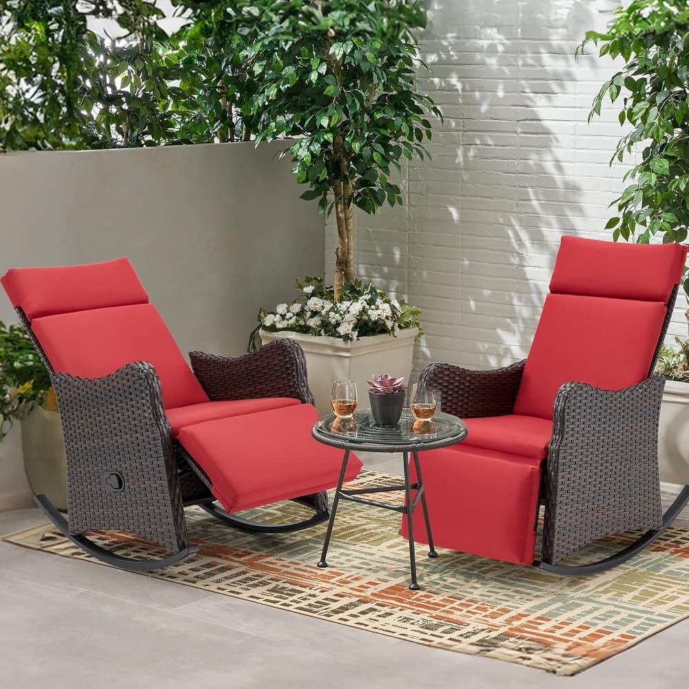 Outdoor Recliner Rocking Chairs with Soft Removable Cushions and Footrests