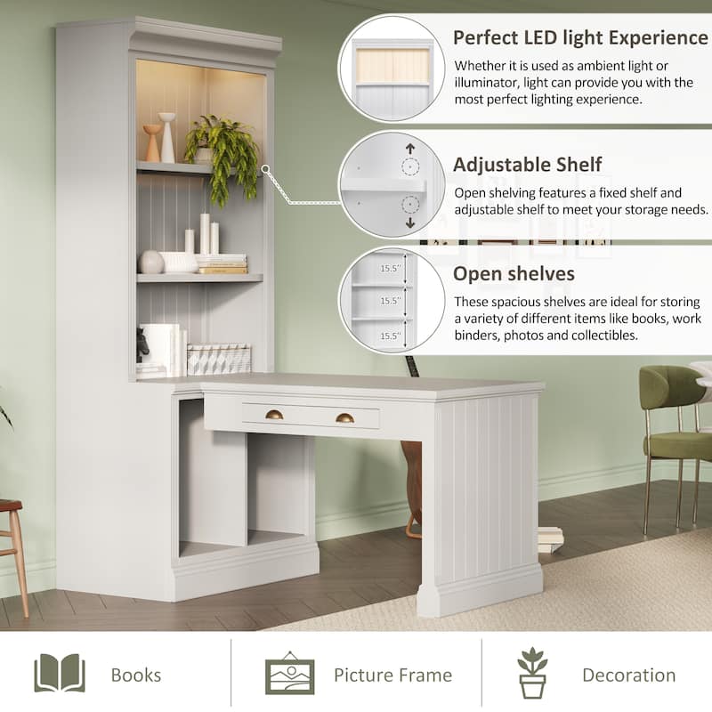 83.4-Inch Tall Bookshelf Study Desk with Writing Desk, LED Lighting, Storage Shelves and Drawer for Home Office