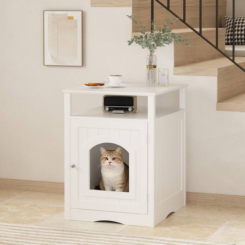 Cat Litter Box Enclosure Furniture, Wooden Cat House with Enclosed Cabinet, Hidden Litter Box Furniture with Storage Shelf