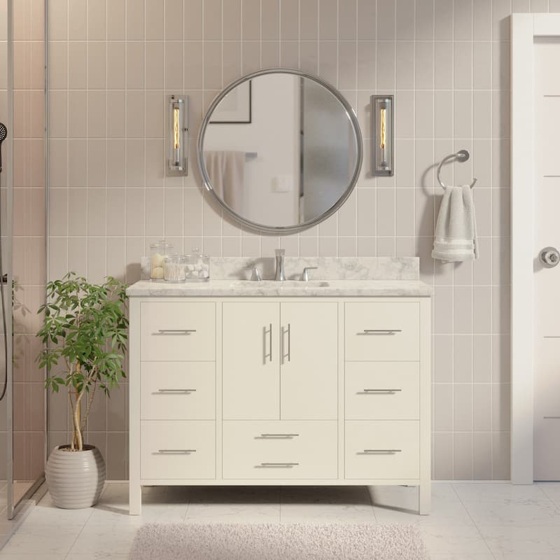KitchenBathCollection California 48" Bathroom Vanity with Carrara Marble Top - White