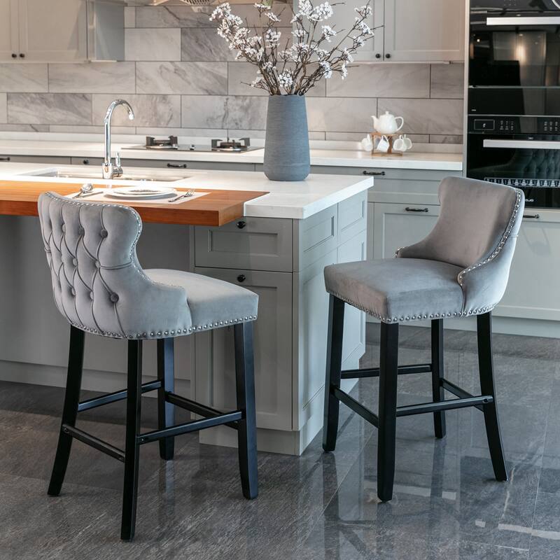 Velvet Upholstered Wing-Back Barstools Set of 4