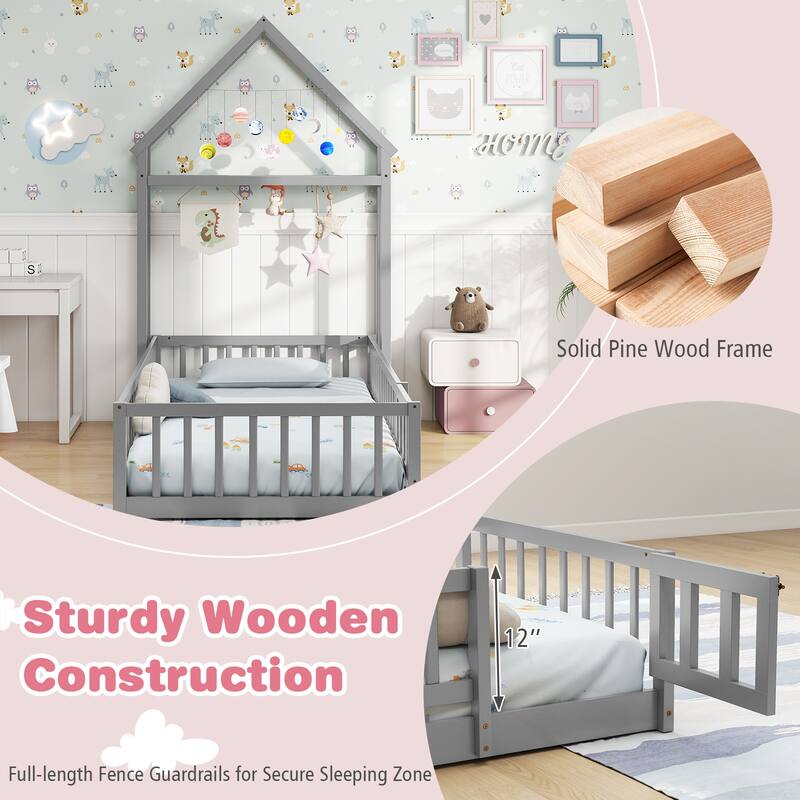 Montessori Twin Size Floor Bed Frame with Guardrails and House Shaped Headboard for Kids Bedroom