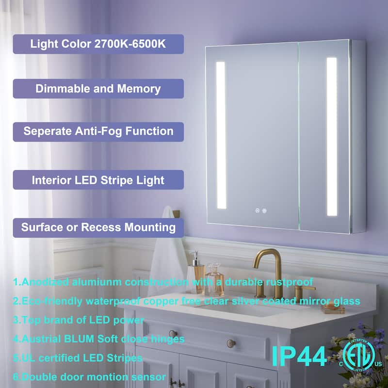 Recessed or Surface 30" H LED Mirror Cabinet with Adjustable Glass Shelves,Defogger, Dimmer And Outlets & USB Ports