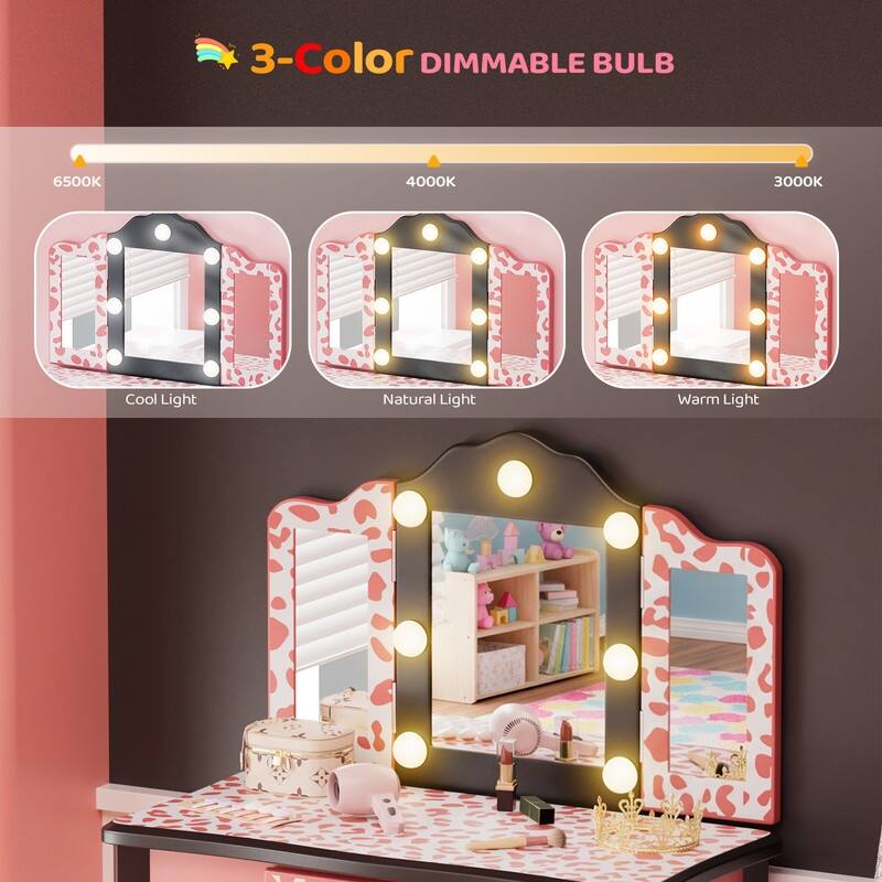 Kids MDF Vanity Table Set In Pink With 1 Drawer With 3-Color Dimmable LED Bulb - N/A
