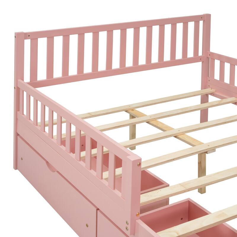 Wood Twin/Full Size Wood Platform Bed with Guardrails on Both Sides and Two Storage Drawers