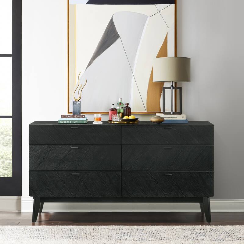 6 Drawer Dresser Black Wood Chest of Drawers Modern Storage Organizer