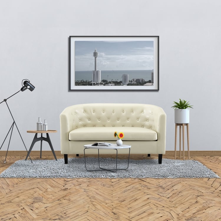 Faux Leather Button Tufted Barrel Loveseat, Mid-Century 2-Seater Sofa