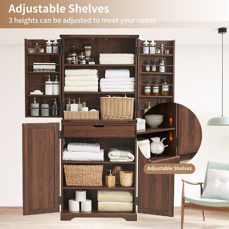 Farmhouse Wood Pantry Cabinet with Barn Doors, Adjustable Shelves