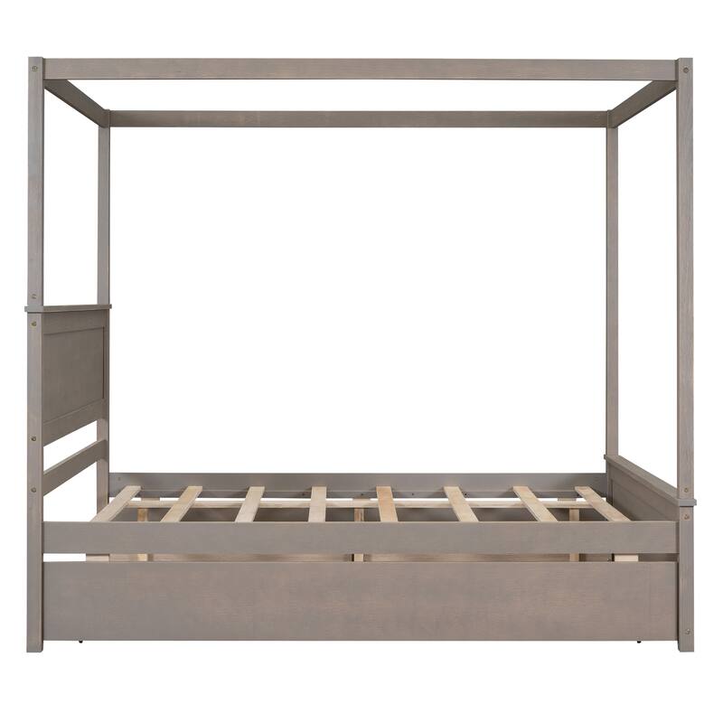 Pine Wood Canopy Platform Bed with Trundle & Drawers