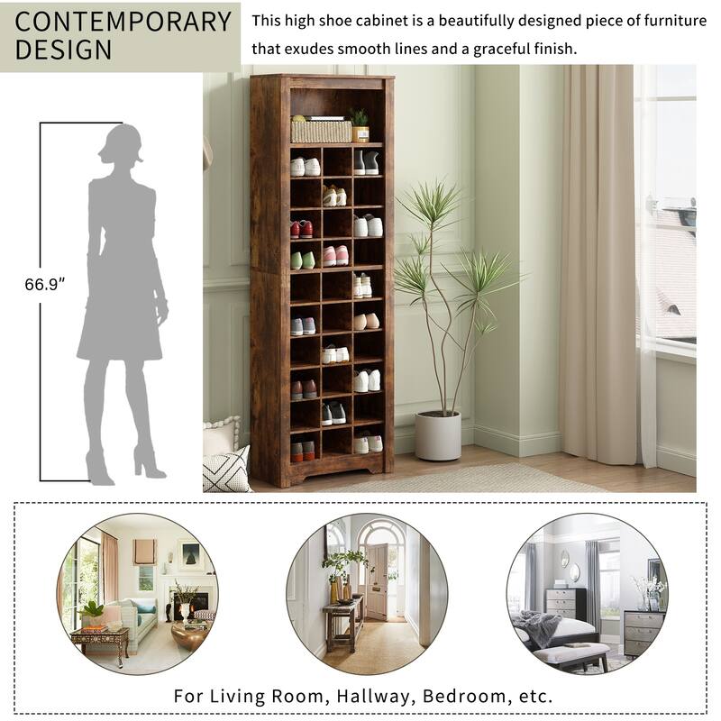 Tall Shoe Cabinet with 30 Cubbies, Storage Solution for Hallway or Bedroom Organization