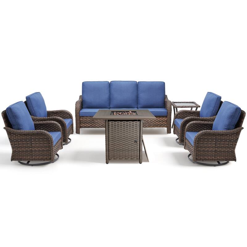 Pocassy Patio Funiture Sofa Swivel Chair Ottoman with Fire Table Set