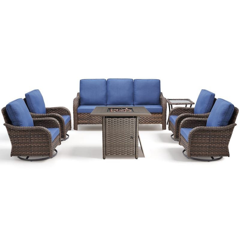 Pocassy Patio Sofa Swivel Chair with Fire Table Funiture Set