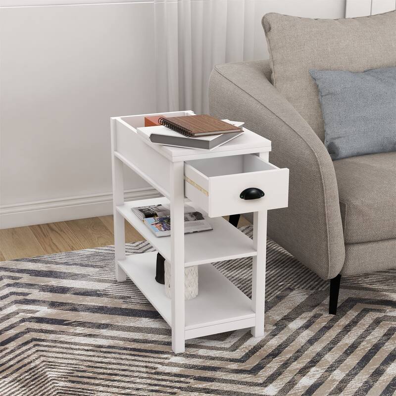 Narrow Flip Top Side Table with Drawer End Table with 2-Tiers Open Storage Shelves Sofa Table for Living Room,Bedroom