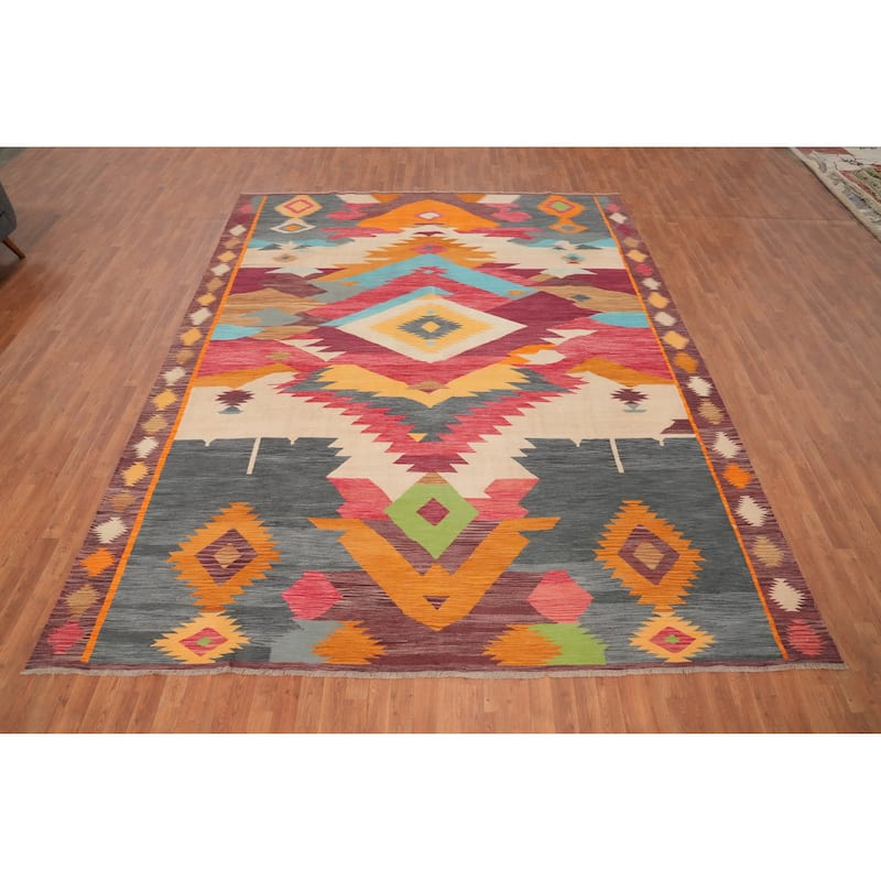 Hand Woven Oriental 100% Wool Carpet Southwestern Tribal Multi-Colored Kilim Area Rug - 12' 11'' X 10' 2''