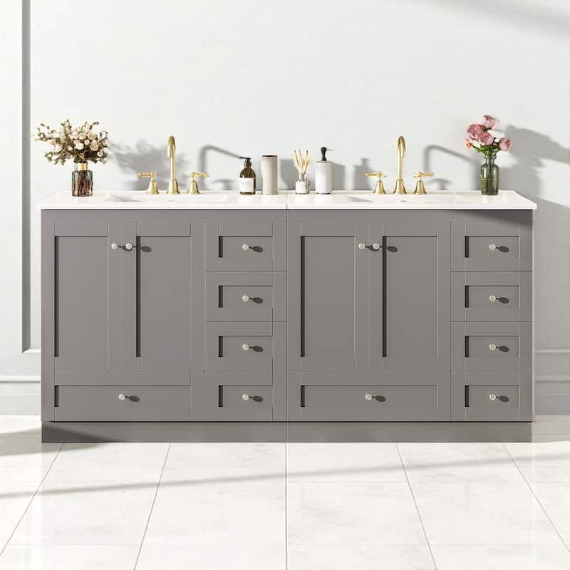 72" Shaker Style Double Sink Bathroom Vanity with Ceramic Top, Soft-Close Doors and Drawers, Freestanding Cabinet - Grey