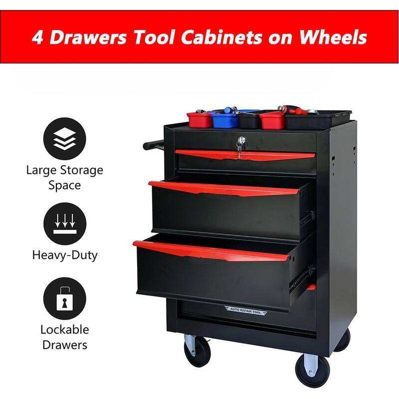 4 Drawer Rolling Tool Chest, 20 Inch Lockable Rolling Tool Box with Wheels, Rolling Garage Workshop Tool Organizer
