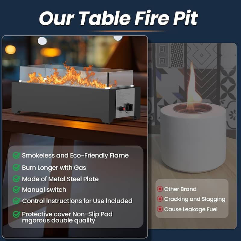 EROMMY 28" Propane Fire Pit Tabletop - 40,000 BTU Stainless Steel, Windshield & Crystal Stones, Indoor/Outdoor Use