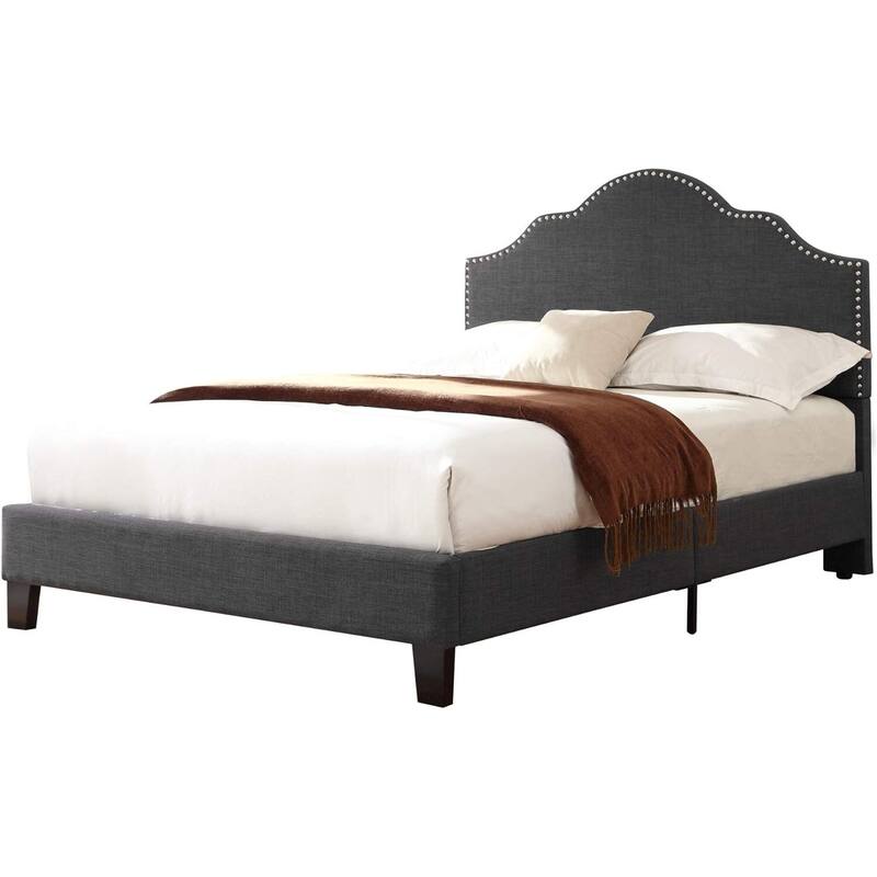 Contemporary Upholstered Bed - Gray Platform Bed with Nailhead & Padded Headboard