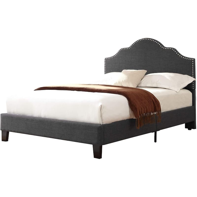 Upholstered Bed Frame with Nailhead Trim, Gray Bed with Padded Headboard, Platform Bed