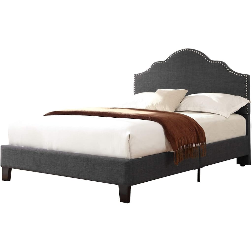 Upholstered Bed Frame with Nailhead Trim, Gray Bed with Padded Headboard, Platform Bed