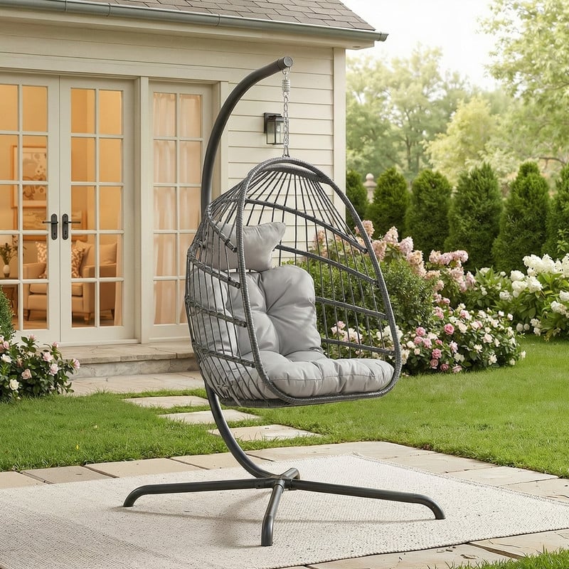 Oversized Wicker Hanging Egg Chair with Stand, Outdoor Indoor Swing Chair with Cushion, 350 lb Capacity - Light Grey