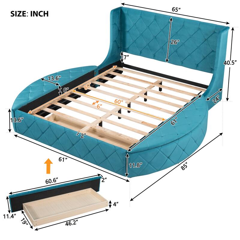 Velvet Queen Platform Bed with Wingback & Storage