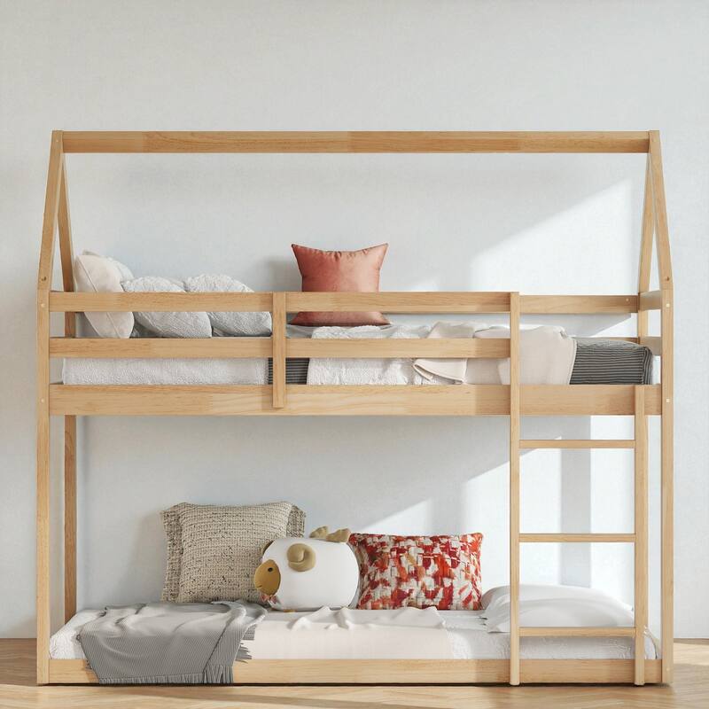 Twin Over Twin Floor Bunk Bed with House Roof Design, Rubber Wood Frame, Ladder and Guardrails for Kids Bedroom