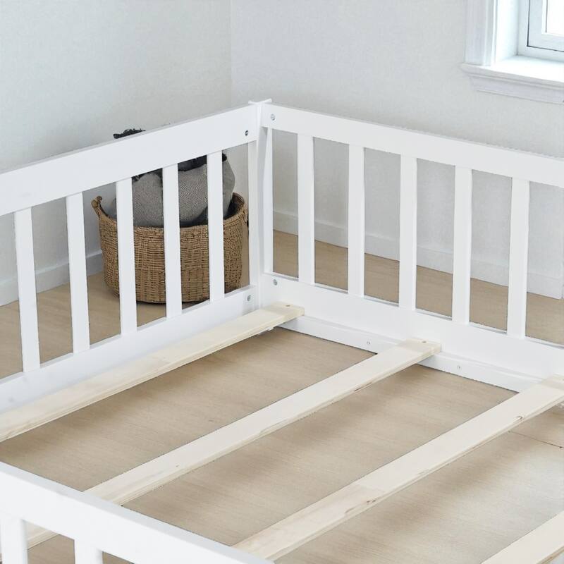 Full Size Rubber Wood Floor Bed with Fence, Door and Safety Guardrails for Kids