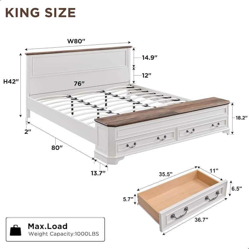 Farmhouse Bed Frame w/ Headboard & Storage Bench, Wood Platform Bed