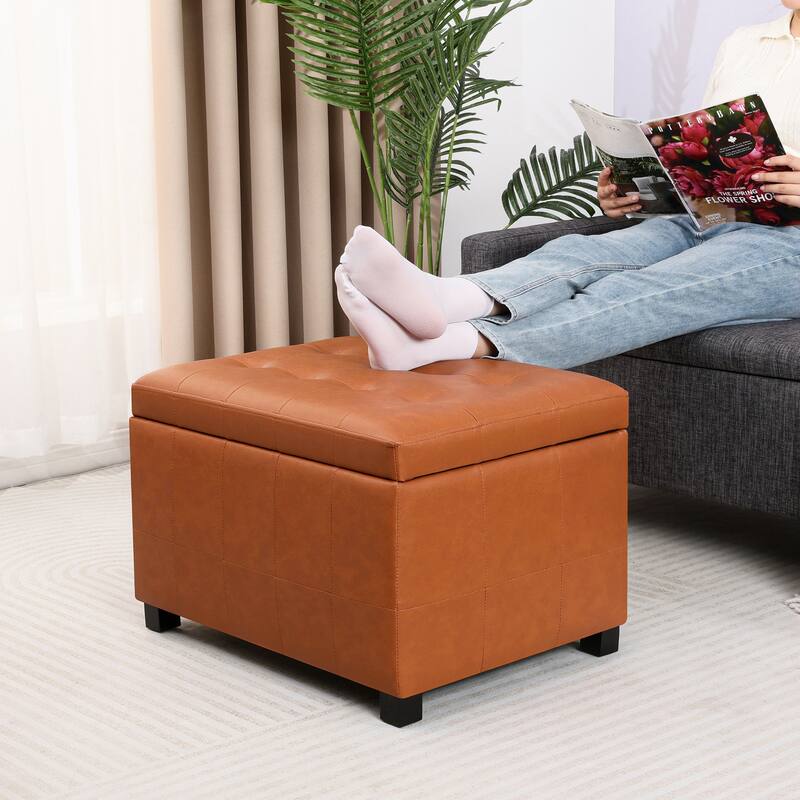 Adeco 24'' Faux Leather Storage Ottoman Bench with Tufted Top