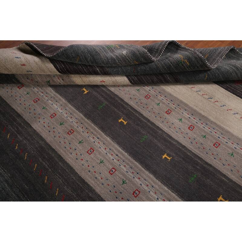 Tribal Striped Gabbeh Oriental Square Area Rug Handmade Wool Carpet - 8'6"x 9'4"